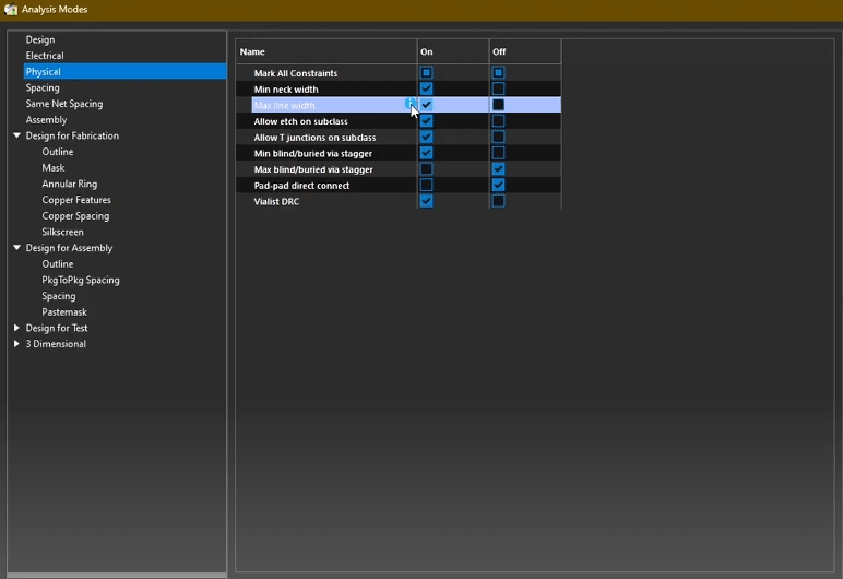 A screenshot of OrCAD X software displaying the Analysis Modes interface with option to enable or disable physical rule checks