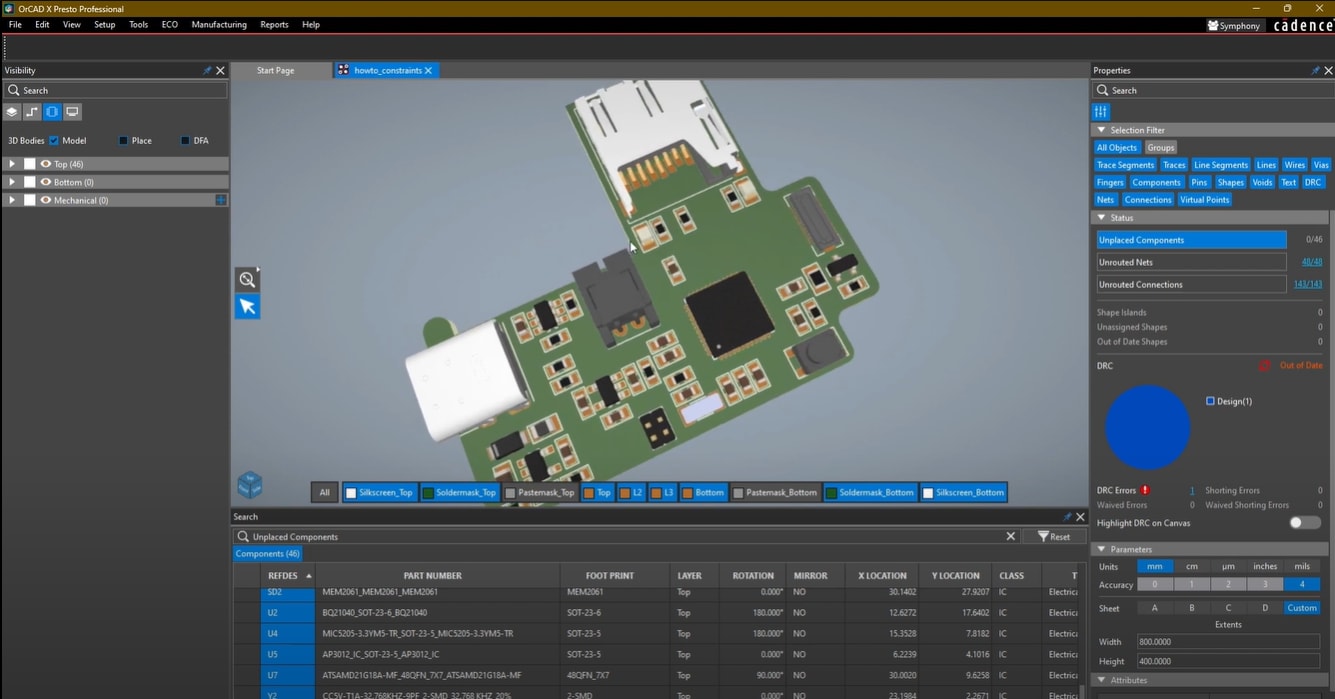 Screenshot of 3D display of PCB component in OrCAD X