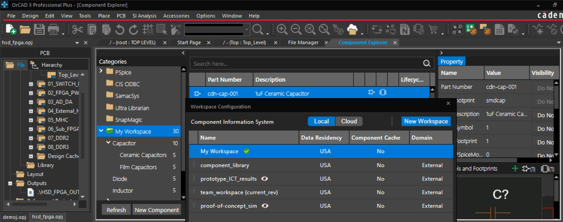 Component explorer tab showing file sources, parts, and properties