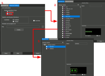 Flowchart showing panels for location and browsing PCB footprint libraries