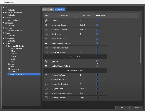 Preferences window that allows the enablement of slide controls to split stacks