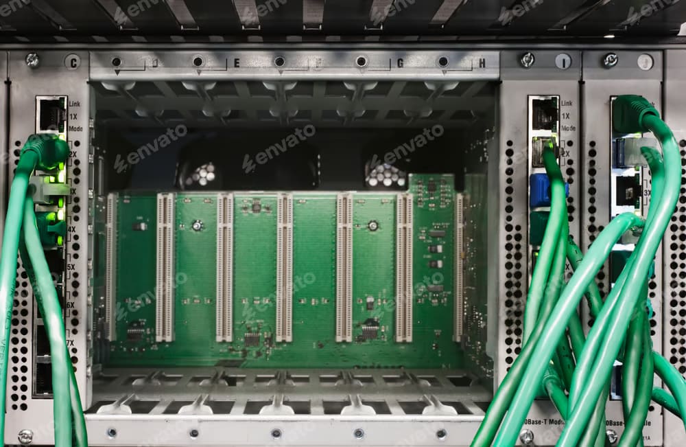 Image of a network switch backplane featuring several empty PCI slots and Ethernet cables