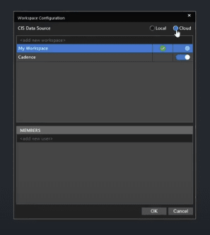 OrCAD X Workpace Configuration Window allows you to add local or cloud workspaces easily