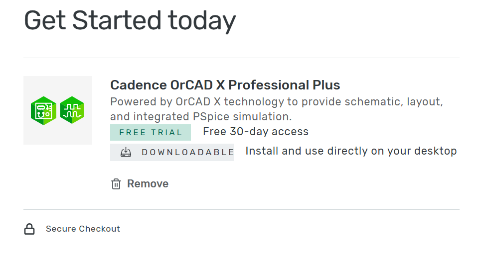 Cadence online shop screenshot with the trial for OrCAD X in the cart.