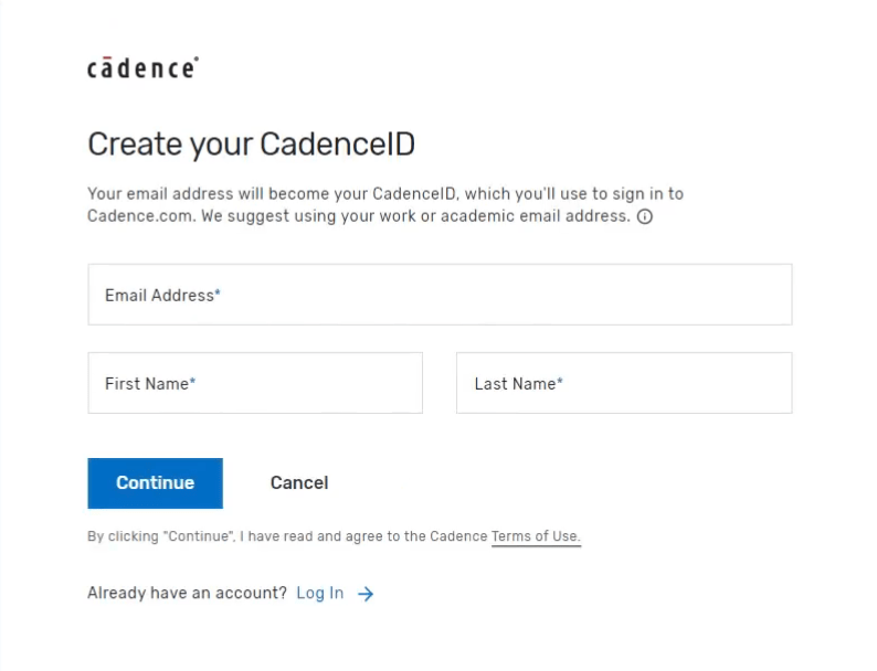 Window for creating a CadenceID needed for log-in.
