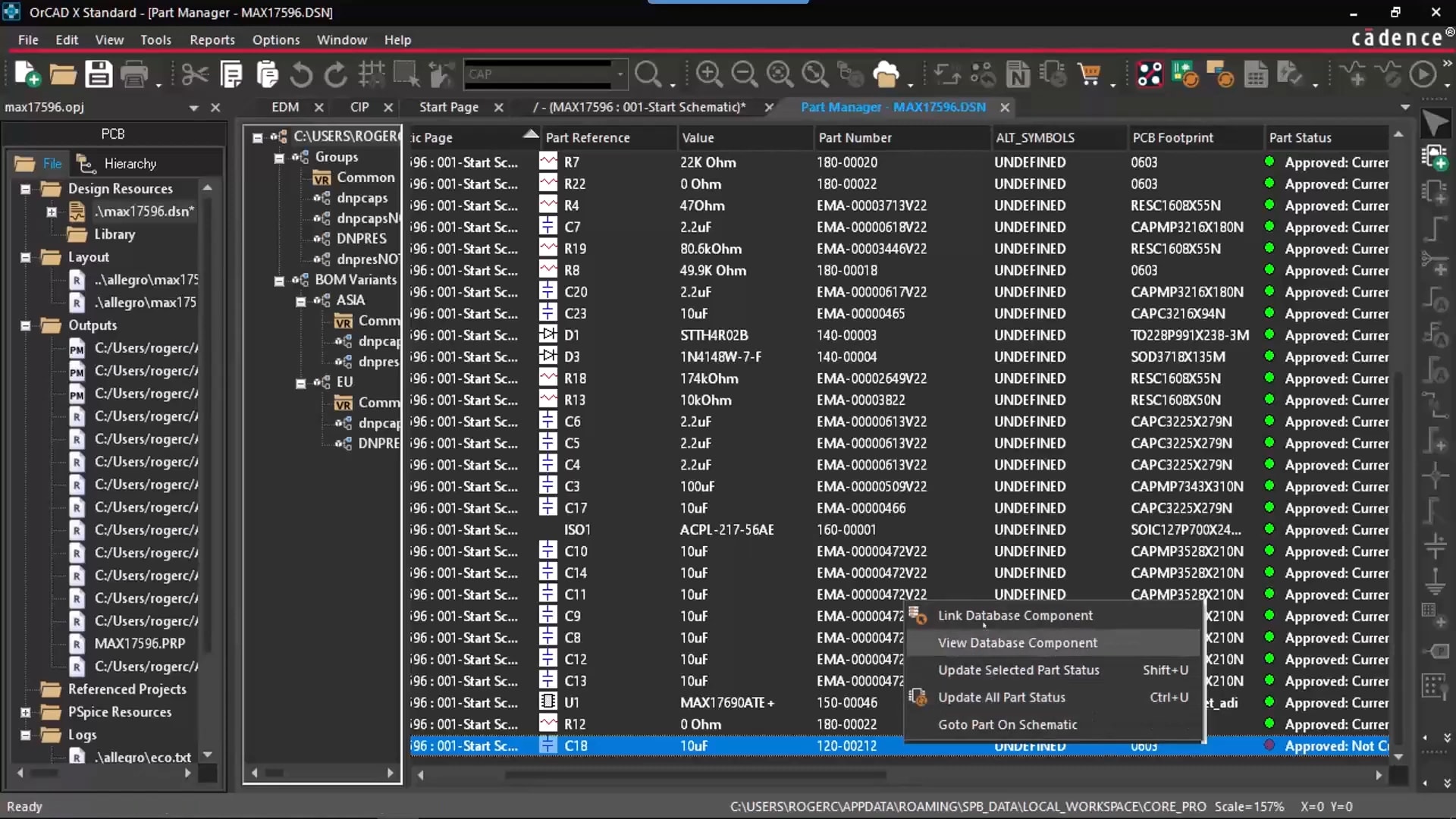 OrCAD X screenshot of library component list from database