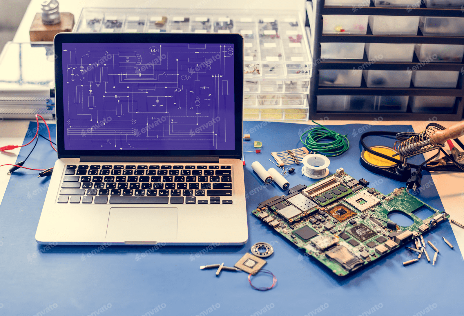Laptop with circuit design next to PCB and tools, showing cloud-based workflow in action