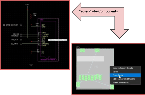 Cross probing allows you to quickly probe between a schematic and layout (and vice versa).