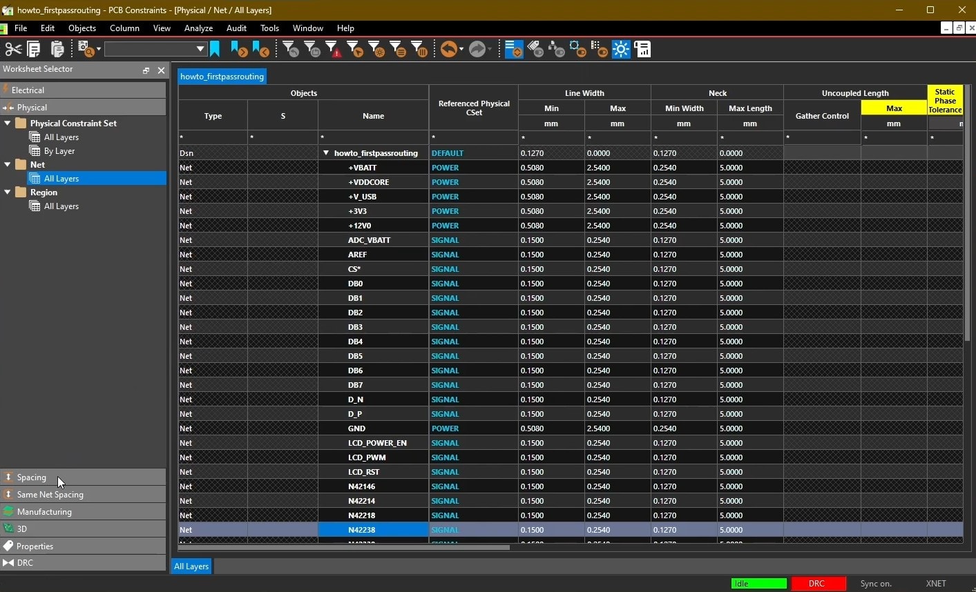 OrCAD X Constraint Manager with physical constraints set for all nets.