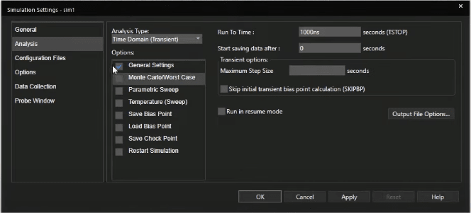 The Simulation Settings window in OrCAD X Capture to adjust the analysis type
