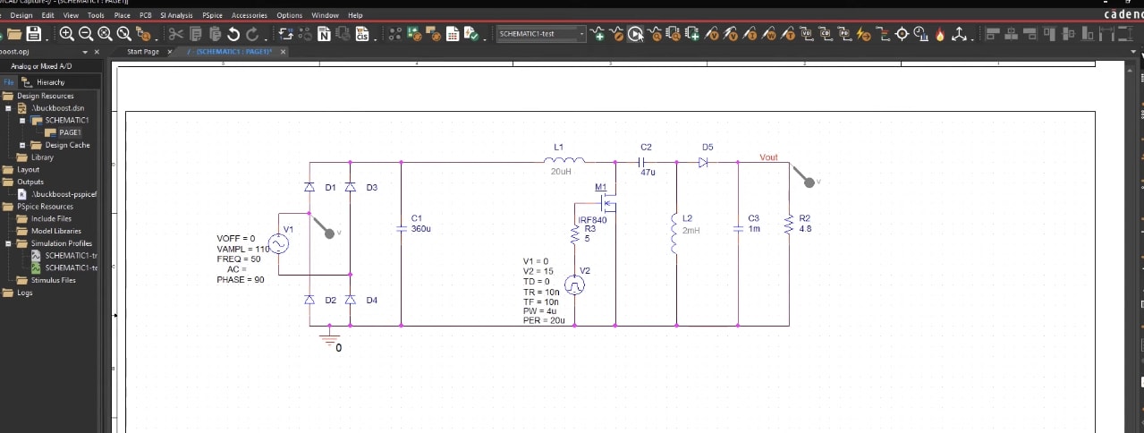 OrCAD X Capture screen of a buck-boost converter schematic with component values