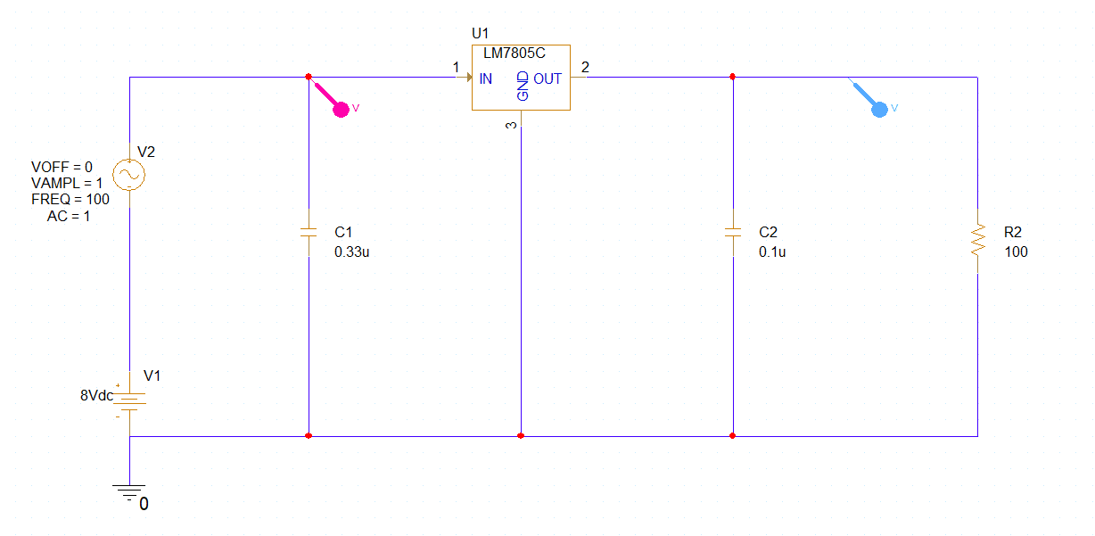 Simulated circuit diagram of a 7805 voltage regulator