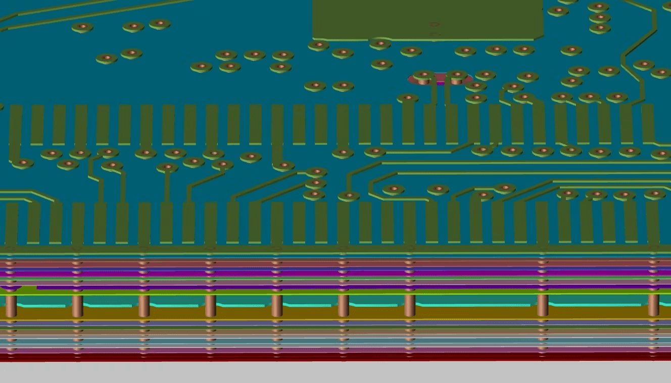 Side and Top view of a PCB, showcasing multiple, dense layers