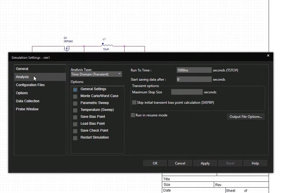 Simulation settings window in PSpice