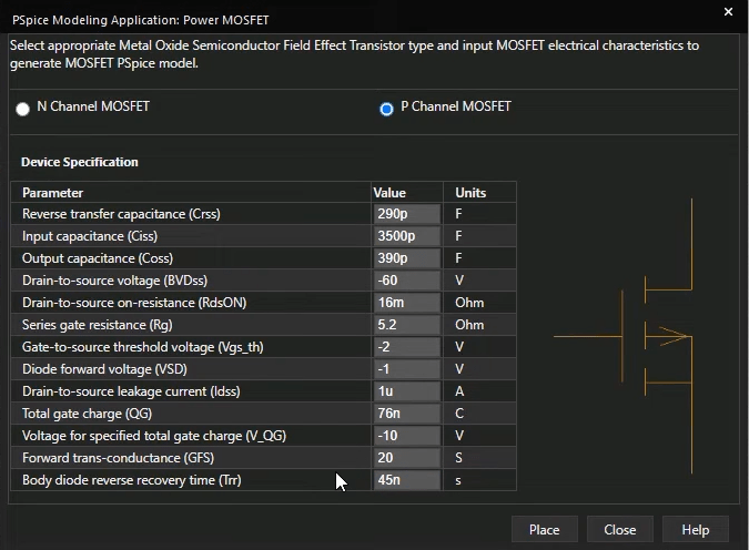 PSpice Modeling Parameters GUI for P Channel MOSFET displaying fields to change your simulated MOSFET key electrical characteristics