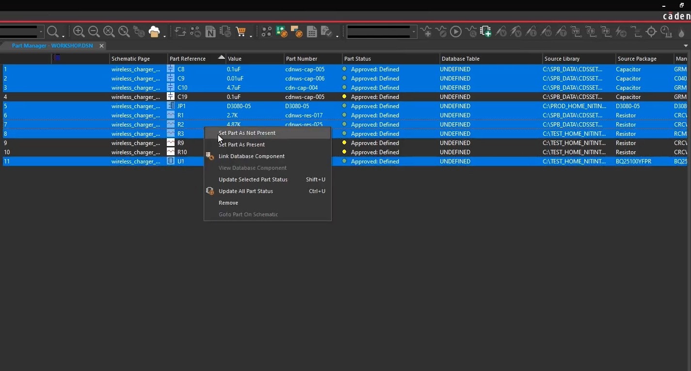 Setting parts as not present
