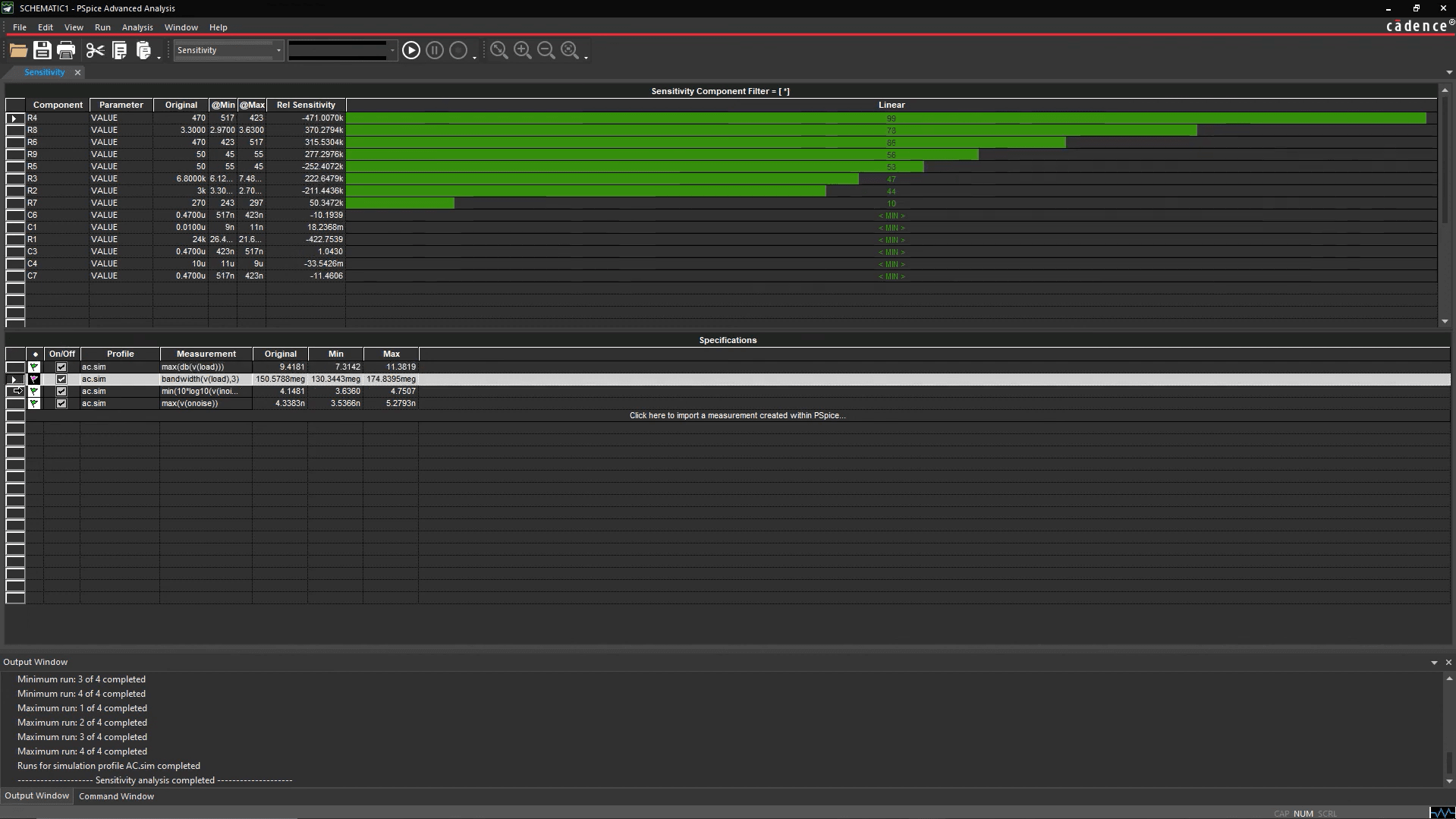 Screengrab of PSpice’s Sensitivity Analysis Tools
