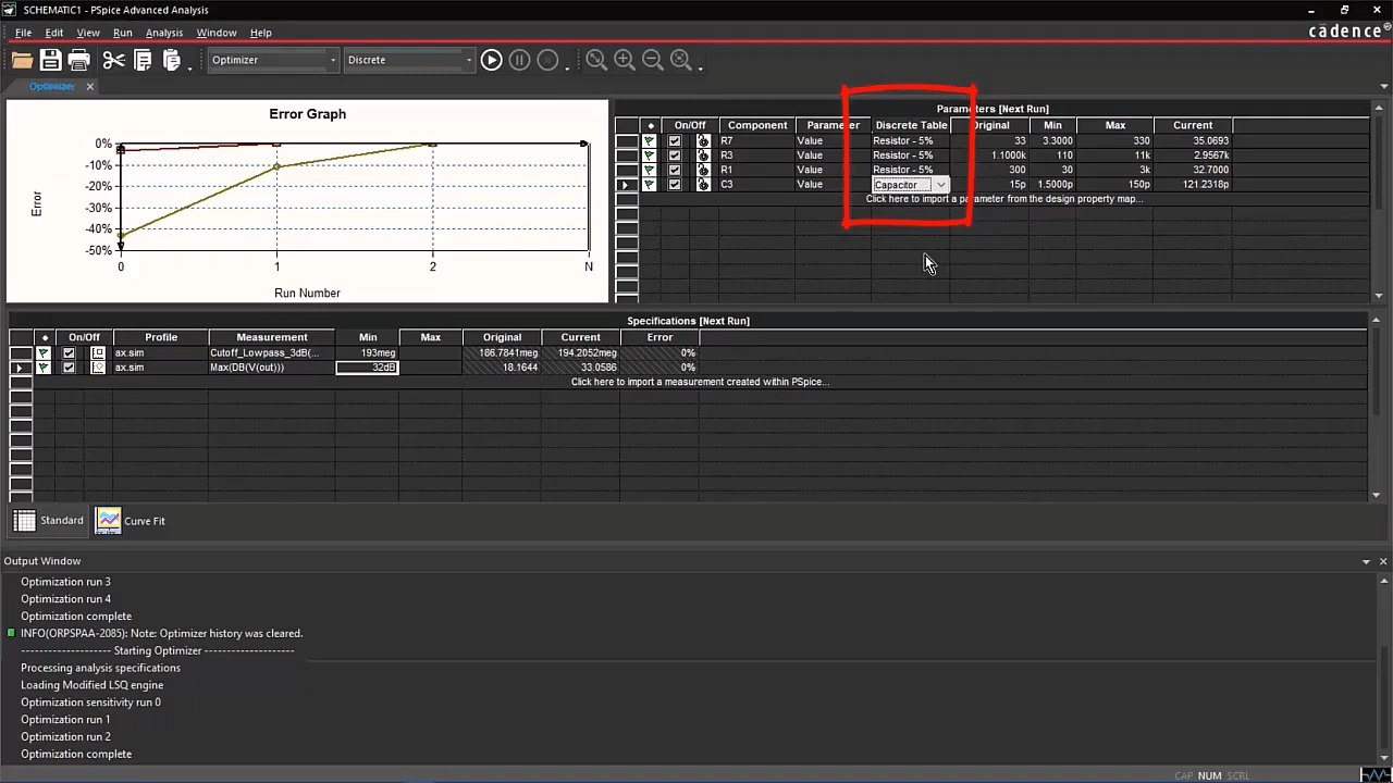 PSpice Optimizer results showing optimized discrete component values that meet defined performance specifications