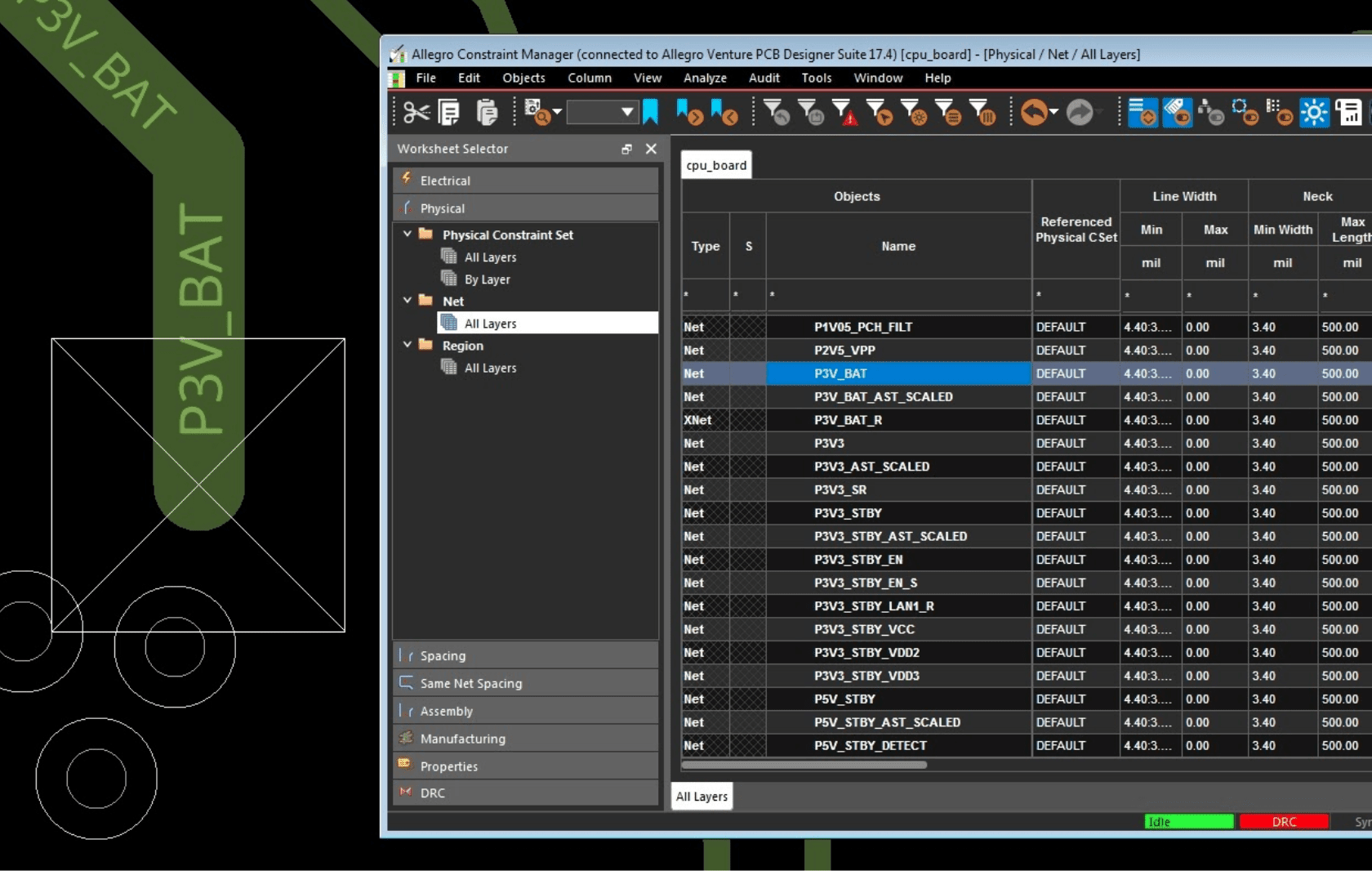 Setting power net width and spacing rules in Allegro X Constraint Manager for consistent PDN layout.