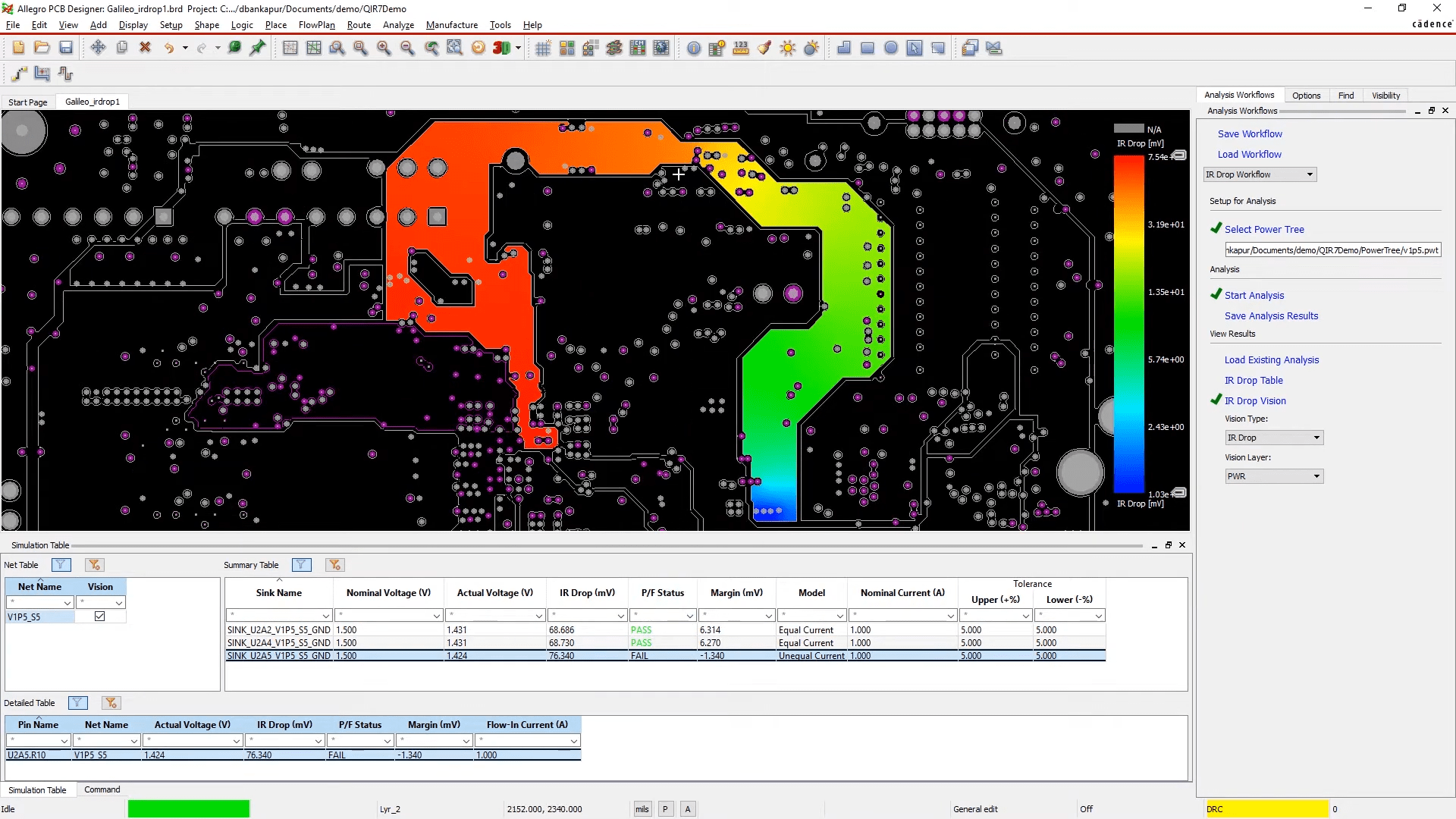 Visualizing voltage drop across a PCB power net using IR Drop Vision in Allegro X.