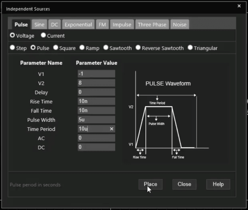 Modeling Application in OrCAD X used to configure time-domain voltage sources