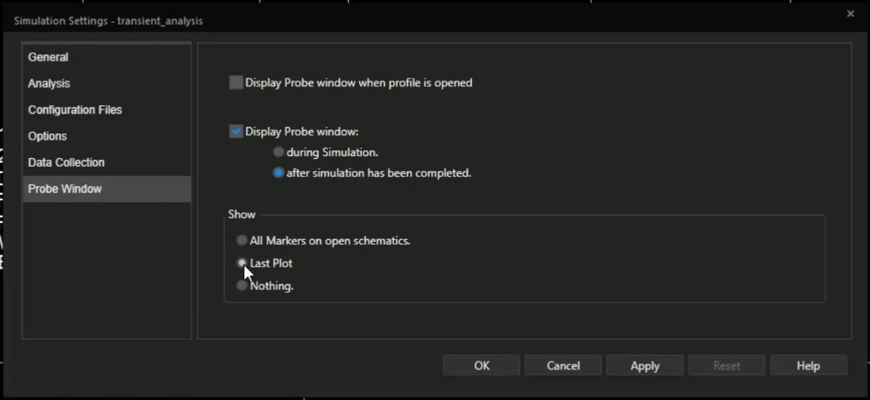 The Probe window in PSpice showing the "Last Plot" option