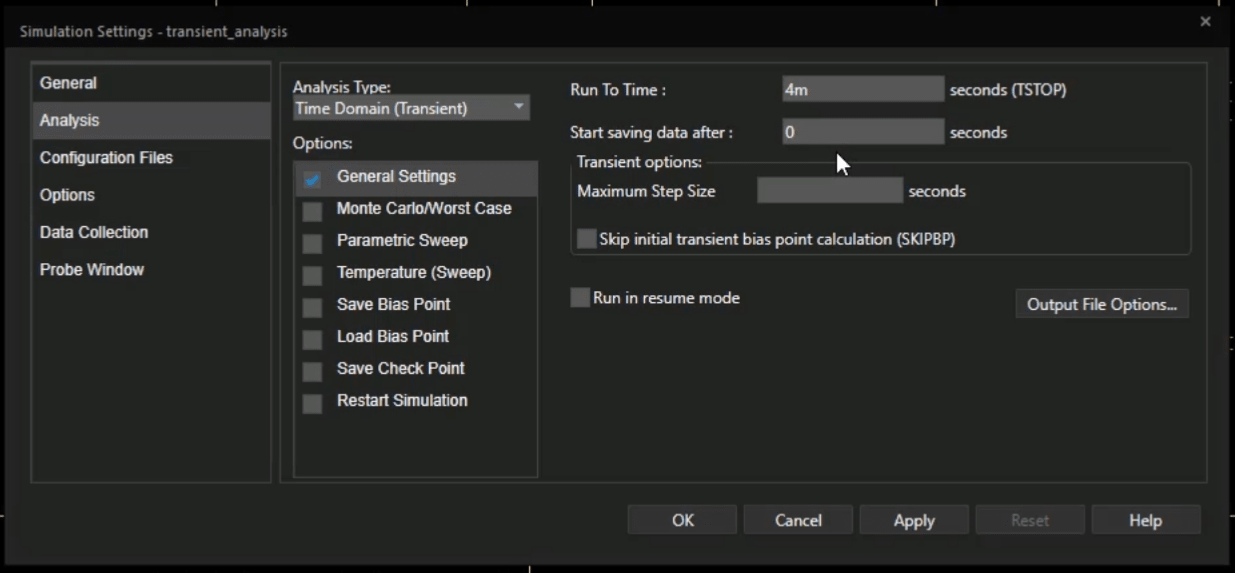 Transient analysis settings window in PSpice shows parameters like run time and step size