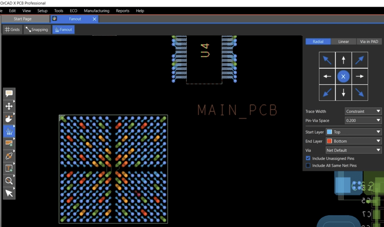 OrCAD X screen demonstrating entire-component automated fanout