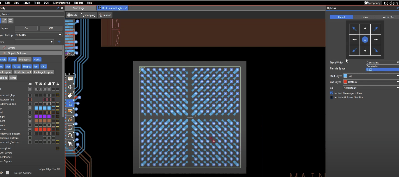 OrCAD X screen with radial fanout applied