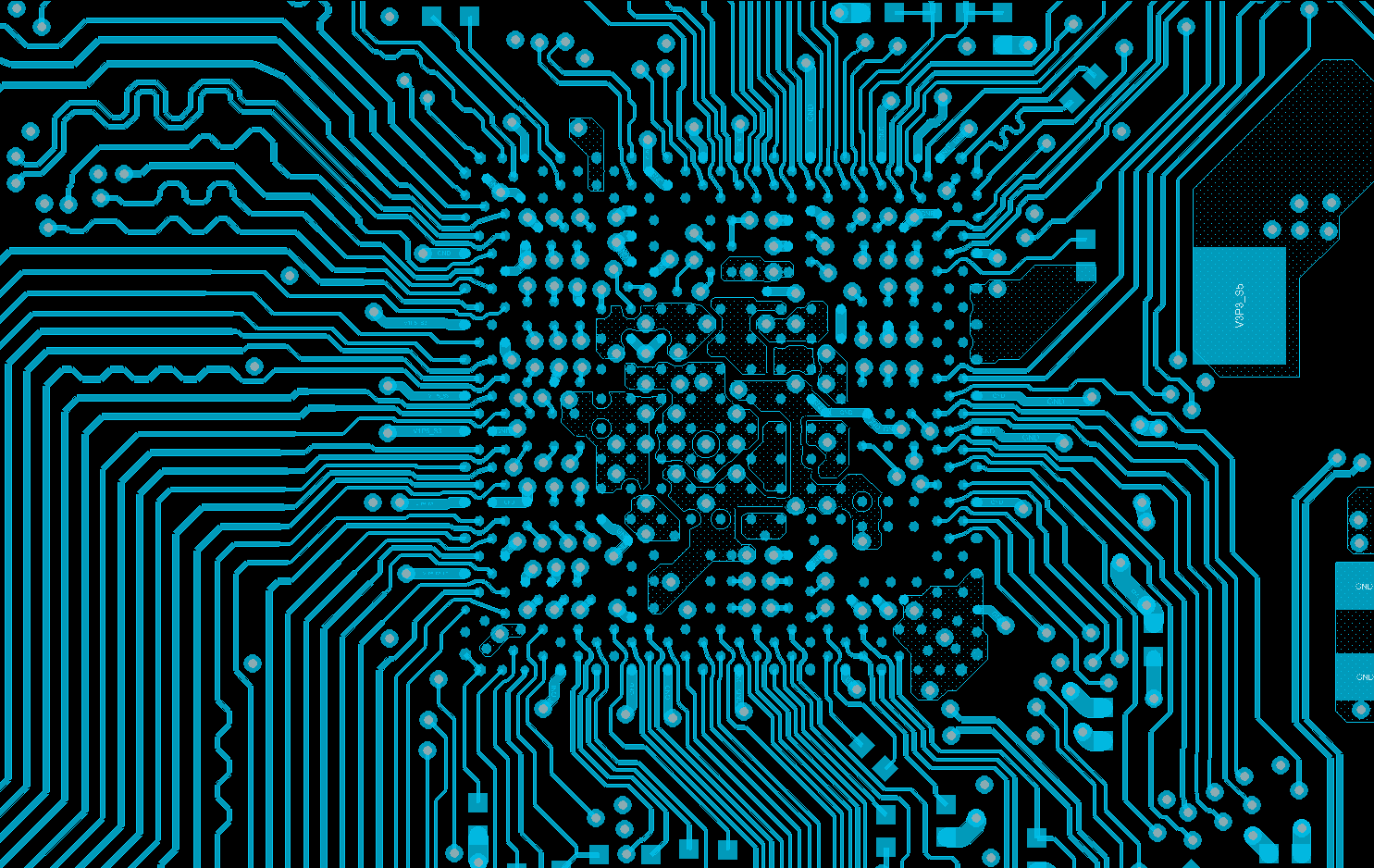 PCB design showing BGA escape routing patterns