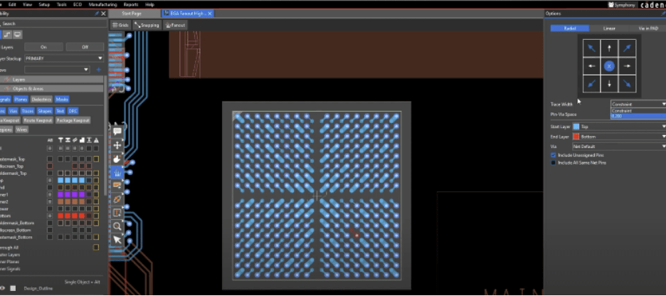 OrCAD X screen with radial fanout applied