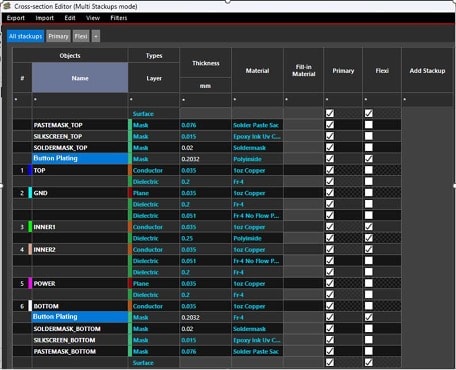 Allegro X Cross-section Editor showing dedicated Button Plating Mask layers