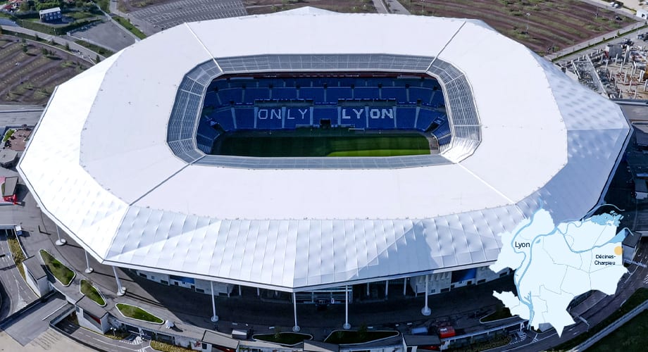 Aerial view of Groupama Stadium with map