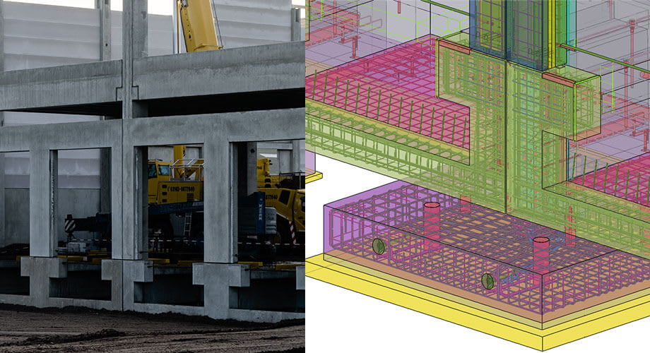 Fundament mit Wandelementen auf der Baustelle und Einzelfundament mit Bewehrung in Tekla Structures