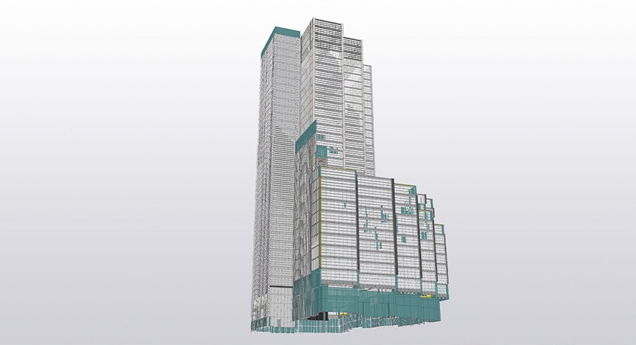 Screenshot of the fully rendered glazed model within Tekla Structures