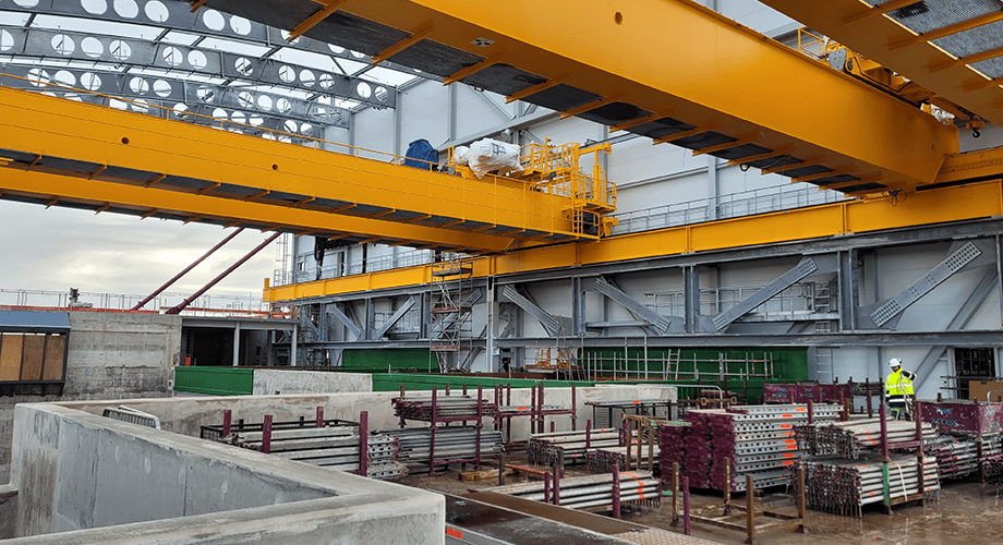 A photograph showing Skelton Grange's curved steel structure from ground level