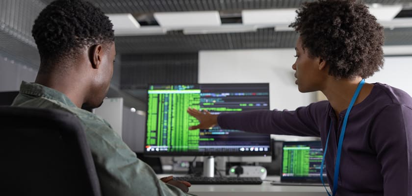 Two people looking on a computer monitor