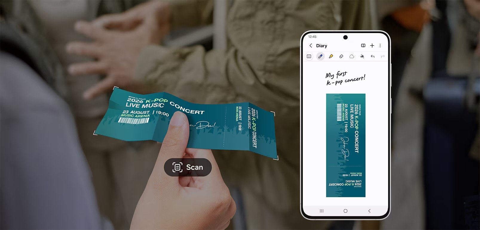 Mobile device scanning a concert ticket