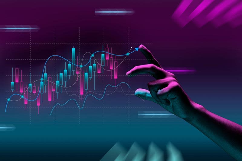 technology background showing hand touching self-service finance analytics software