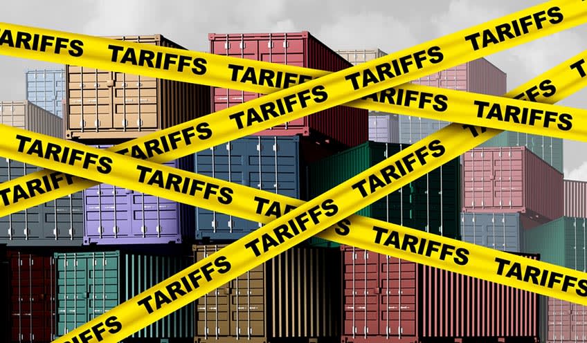 3D illustration showing imported and exported goods cordoned off using tariffs police tape
