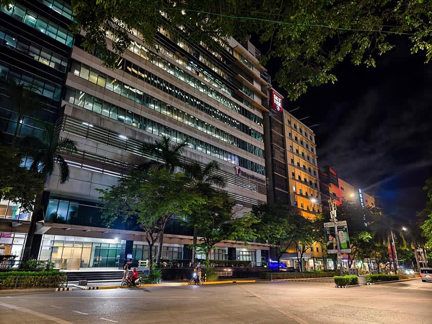 Outside BPO building in the Philippines at night