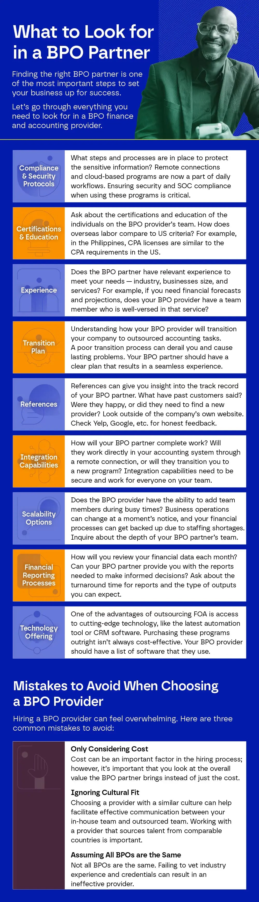 Infographic detailing what to look for in a BPO finance and accounting provider. It outlines nine key evaluation criteria, including compliance protocols, CPA certifications, and scalability options, as well as three common mistakes to avoid during the hiring process, such as ignoring cultural fit or focusing only on cost.