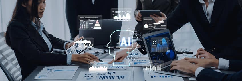 Accounting team engaged in a modern meeting discussing tasks that AI should automate or be outsourced with charts and digital interfaces