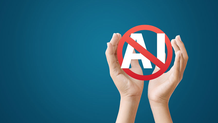 Hands reaching upward towards no AI sign in accounting