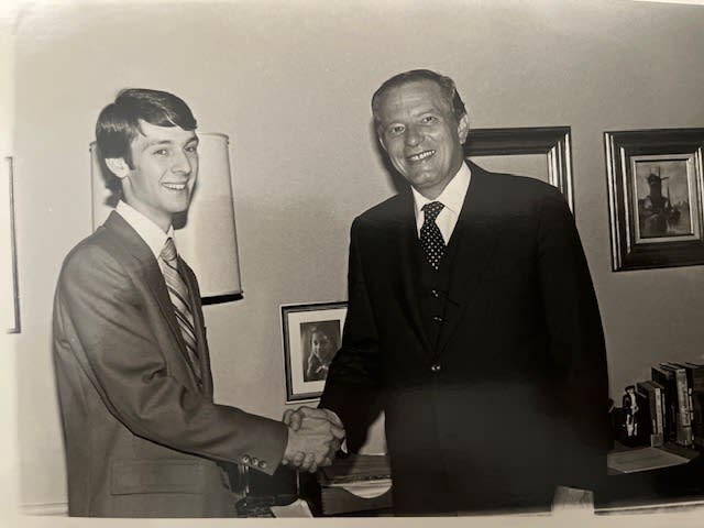 Andy Fisher with National Republican Congressional Committee Chairman Congressman Guy Vander Jagt (R-Mich), July 1980. Andy was a communications intern that summer at the NRCC.