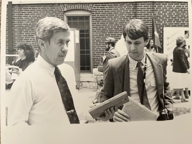 Andy Fisher with U.S. Sen. Richard G. Lugar in Market Square downtown Indianapolis in June 1983. It was his first trip to Indiana with the Senator.
