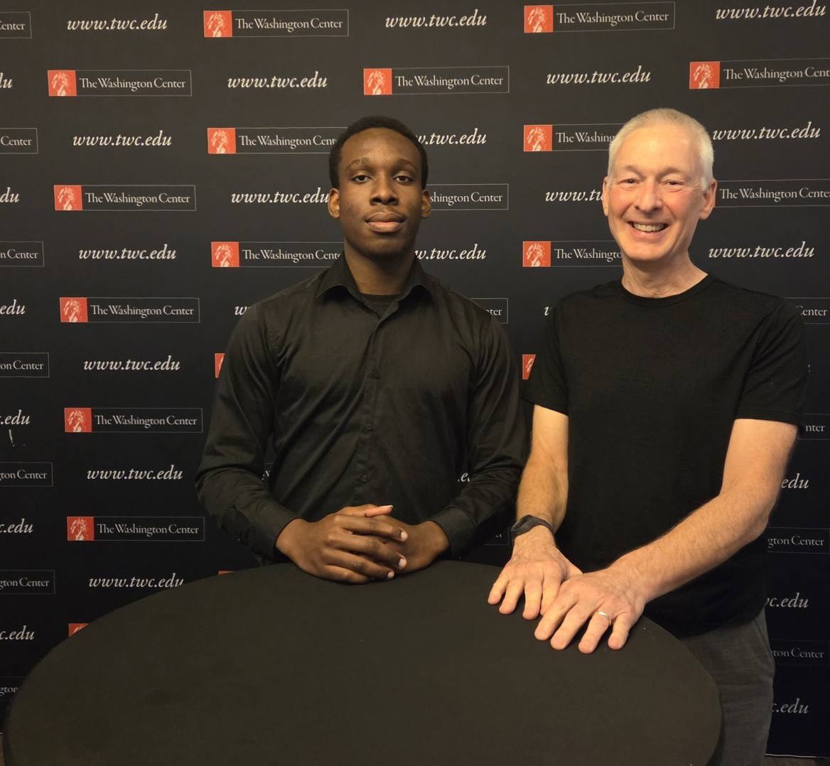 Andy Fisher, with social media intern Chibuzo Okafor, attends The Washington Center's Distinguished Speaker Series at the Residential Academic Facility (RAF) in Washington, D.C. in July 2026