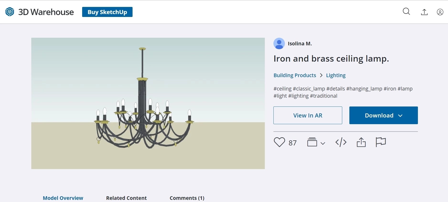 Screenshot des 3D-Modells einer Deckenleuchte aus Eisen und Messing, modelliert und in 3D Warehouse hochgeladen von Isolina Mallon.