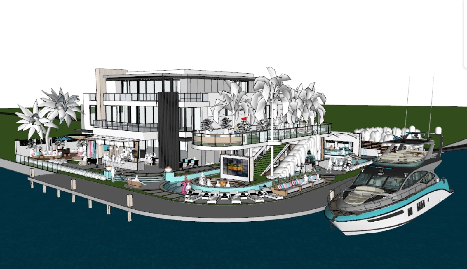 Modelo en SketchUp del diseño Miami Vice de Brad Holley de la Piscina del millón de dólares, de 2023.