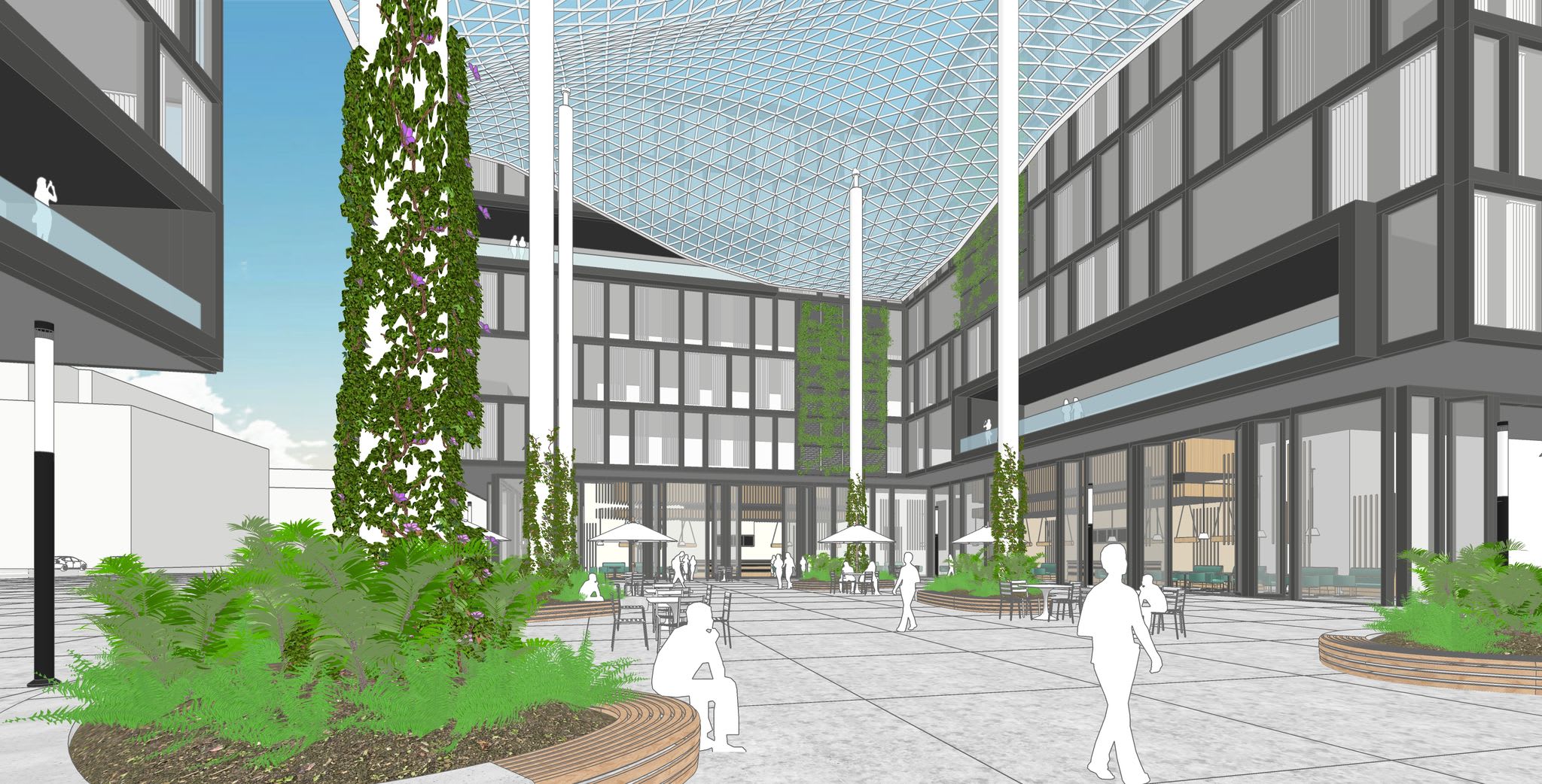 Representación de un edificio de oficinas comerciales y patio circundante en SketchUp.